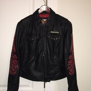 HARLEY DAVIDSON WOMENS SANTA CRUZ Black LEATHER JACKET suede eagle print sleeves